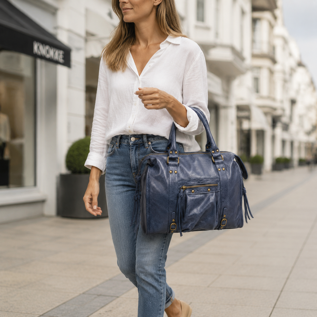 Back to School XXL donkerblauwe Italiaanse leren laptoptas, extra productbeeld