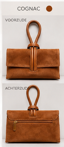 Tiffany cognac suede tas voor- en achterzijde