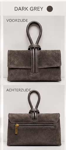 Tiffany donker taupe suede tas voor- en achterzijde