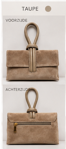 Tiffany taupe suede tas voor- en achterzijde